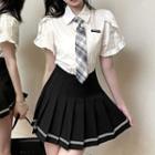 Short-sleeve Frill Trim Shirt / Tie / Pleated Mini A-line Skirt / Set