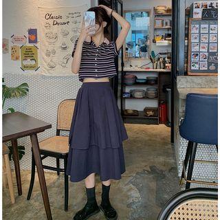 Short-sleeve Striped Top / Tiered Midi Skirt