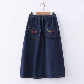 Floral Denim Skirt Blue - One Size