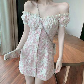 Puff-sleeve Mini A-line Lace Dress Pink & Beige - One Size