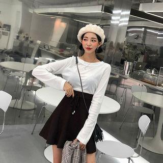 Drawstring-waist Rib-knit Flare Miniskirt