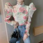 Puff-sleeve Flower Print Blouse Pink Flowers - White - One Size