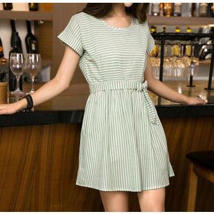 Short-sleeve Striped Tie Waist Dress