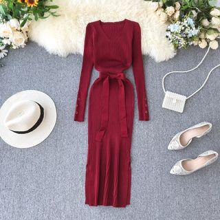 Long-sleeve V-neck Split Knit Dress