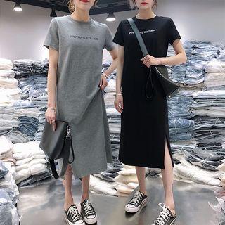 Short-sleeve Letter Slit Midi T-shirt Dress