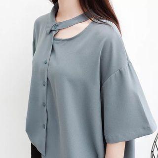 Cut Out Elbow-sleeve Chiffon Blouse