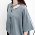 Cut Out Elbow-sleeve Chiffon Blouse
