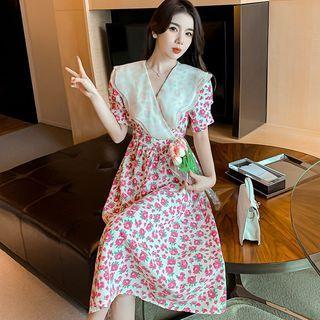 Short-sleeve Ruffled Collar Floral Midi A-line Dress