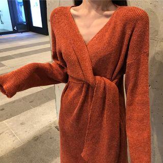 Plain Knot V-neck Long-sleeve Knit Dress