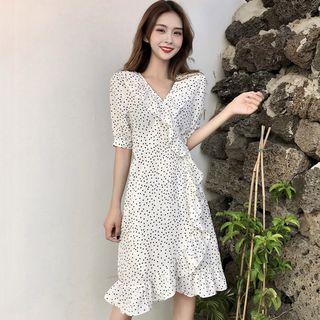Dotted Short-sleeve Ruffle Wrap Dress