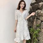Dotted Short-sleeve Ruffle Wrap Dress