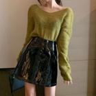 V-neck Sweater / Faux Leather Mini A-line Skirt