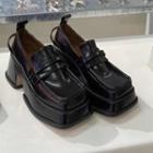 Square Toe Platform Block Heel Faux Leather Loafers