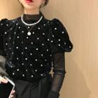 Mock Neck Plain Mesh Top / Puff-sleeve Dotted Top