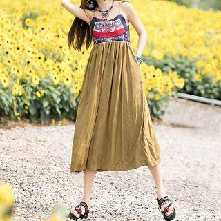 Spaghetti Strap Pattern Panel Midi A-line Skirt Gold - One Size