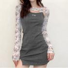 Set: Long-sleeve Tie-dye Crop Top + Spaghetti Strap Mini Bodycon Dress Dark Gray - One Size