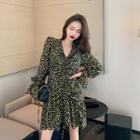 V-neck Long-sleeve Drawstring Floral Print A-line Dress