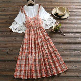 Set: Short-sleeve T-shirt + Spaghetti Strap Midi Plaid Dress