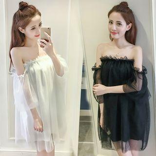 Off Shoulder Elbow Sleeve Mesh Overlay Dress