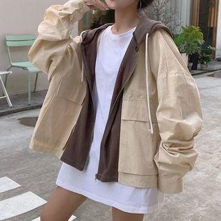 Two-tone Hooded Zip Jacket Almond & Coffee - One Size