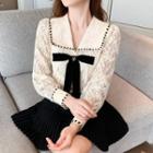 Collared Ribbon Tie-neck Lace Blouse