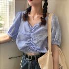 Short-sleeve Gingham Crinkled Cropped Top Gingham - Blue - One Size