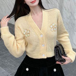 Rhinestone Flower Cardigan / Velvet Mini A-line Skirt