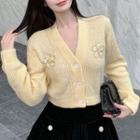 Rhinestone Flower Cardigan / Velvet Mini A-line Skirt