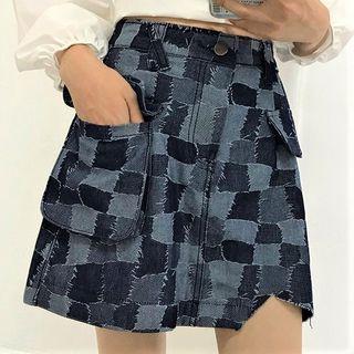 Irregular Printed Denim A-line Mini Skirt