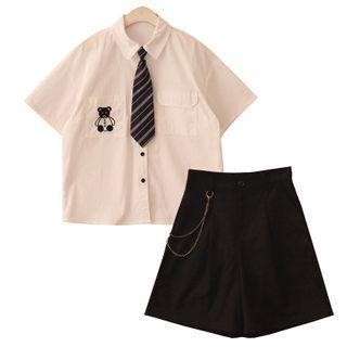 Bear Embroidered Short-sleeve Shirt / Chain Detail Shorts / Striped Tie / Set