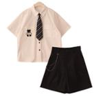Bear Embroidered Short-sleeve Shirt / Chain Detail Shorts / Striped Tie / Set