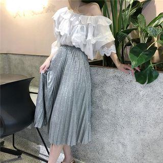 Off-shoulder Ruffle Blouse / Accordion Pleat Midi Metallic Skirt