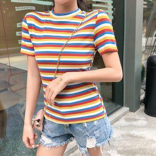 Striped Short-sleeve Knit Top Stripe - Yellow - One Size