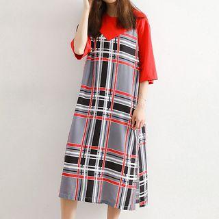 Plaid Mock Two-piece Short-sleeve Midi Dress
