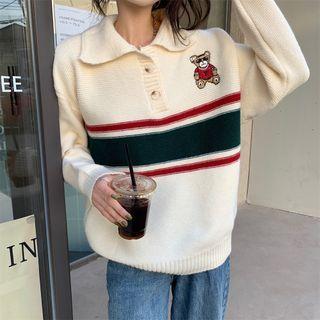 Long-sleeve Bear Embroidered Striped Sweater Off-white - One Size