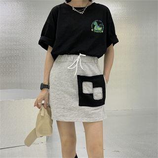Drawstring-waist Applique Mini Straight-fit Skirt