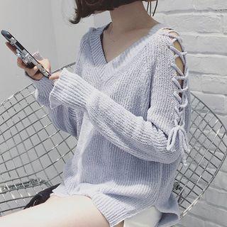Long-sleeve V-neck Lace-up Knit Top