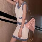 Set: Sleeveless Contrast Trim Knit Top + A-line Mini Skirt