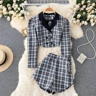 Set Of 2 : Plaid Puff-sleeve Cropped Double-breasted Jacket + High-waist Wide-leg Shorts