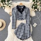 Set Of 2 : Plaid Puff-sleeve Cropped Double-breasted Jacket + High-waist Wide-leg Shorts