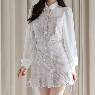 Set: Tweed Panel Chiffon Blouse + Ruffle Hem Mini Pencil Skirt