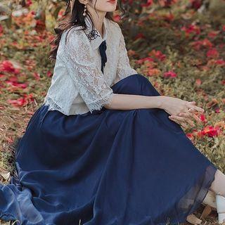 Set: Elbow-sleeve Lace Shirt + Midi Skirt
