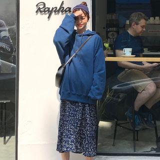 Plain Hoodie / Long-sleeve Midi Floral Dress