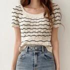 Short Sleeve Striped Eyelet Knit Top