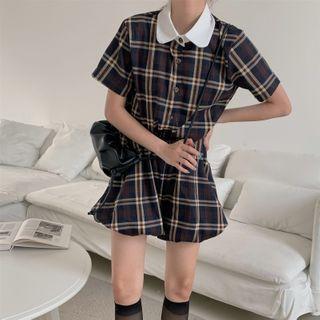 Short-sleeve Single-breast Plaid Top + High-waist Plaid Shorts
