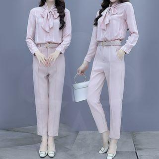 Set: Long-sleeve Bow Plaid Shirt + High-waist Plain Straight Leg Pants