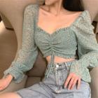 Floral Drawstring Long-sleeve Cropped Blouse Green - One Size