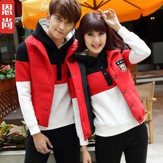 Set: Matching Couple Padded Vest + Color-block Hooded Pullover + Sweatpants