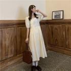 Puff-sleeve Lace Trim Midi A-line Dress Light Yellow - One Size