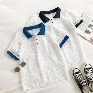 Color-block Short-sleeve Mesh Blouse